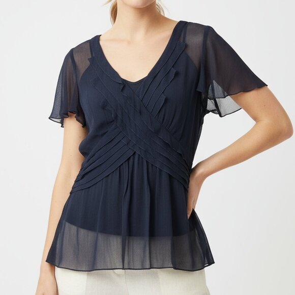 BCBGMAXAZRIA Navy Chiffon Pleated Flutter Sleeve Blouse | Women’s Size Medium - Picture 1 of 7